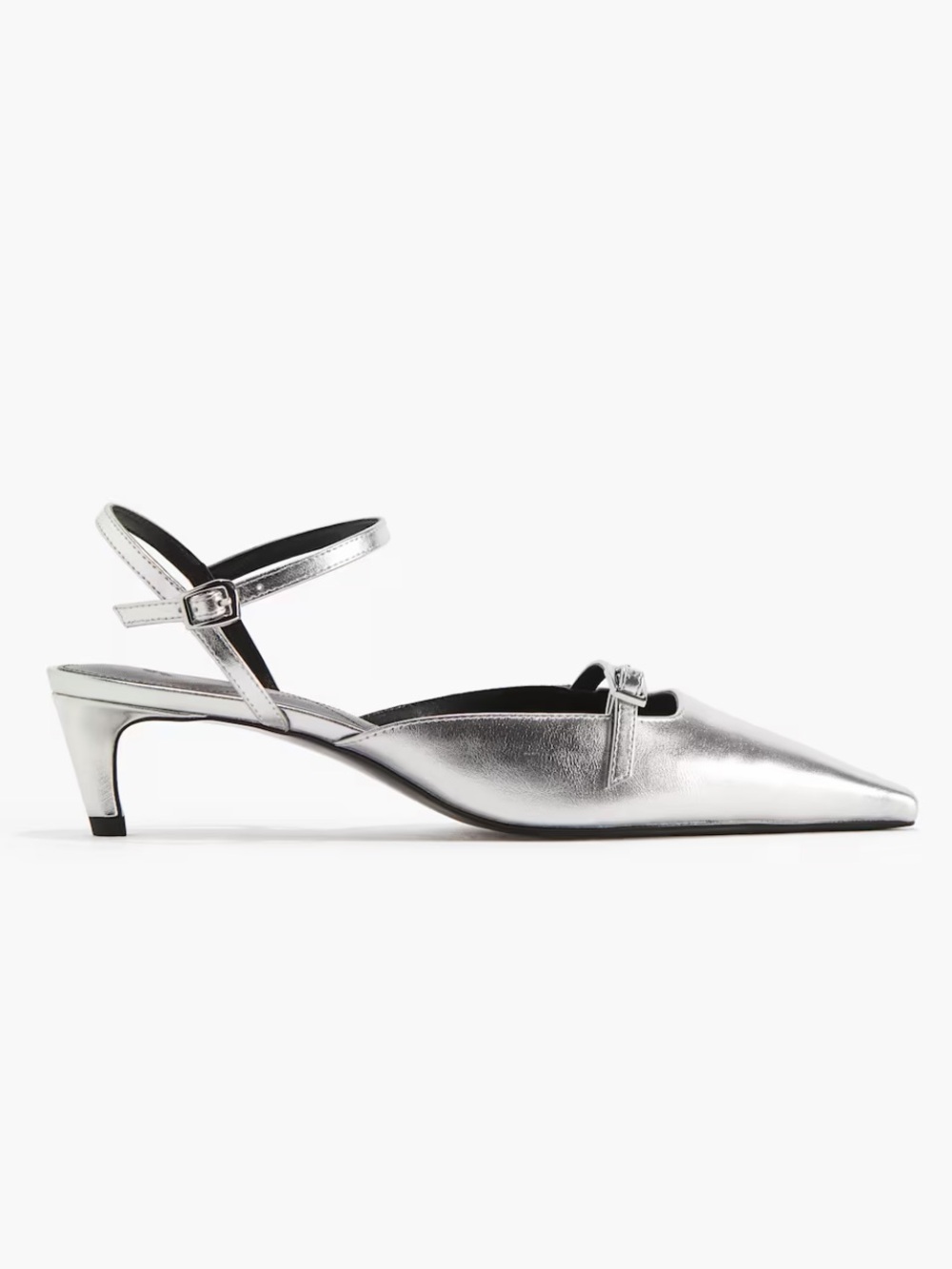 H&M Faux leather Silver metallic Pointed-Toe Ankle-Strap Women kitten heel Pumps - Picture 4 of 4
